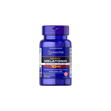 Puritan's Pride Melatonin 10 mg, a blue bottle with 90 quick-dissolve tablets in natural cherry flavor, serves as a nighttime sleep aid to combat jet lag and promote restful nights.